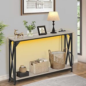 DANSION 2 Tiers Console Sofa Table with Power Outlet, Industrial Entryway Table with Open Storage Shelf, Accent Side Table with LED Strip Lights for Hallway Living Room, X-Shaped Metal Frame Support