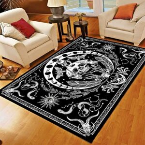 Youshosho Skull Rug Black and White Rug Snake Rug Moth Rug Trippy Skeleton Rug Mandala Moon Phase Carpet for Room Decor