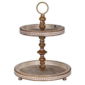 festwind two tiered tray beaded- decorative beaded tiered tray – kitchen island decor – small wooden tiered tray stand for holidays – lovely farmhouse gift rustic brown