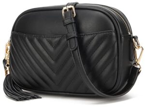 lola mae quilted crossbody bag, pu lightweight shoulder purse top zipper tassel accent black purse(black-729)