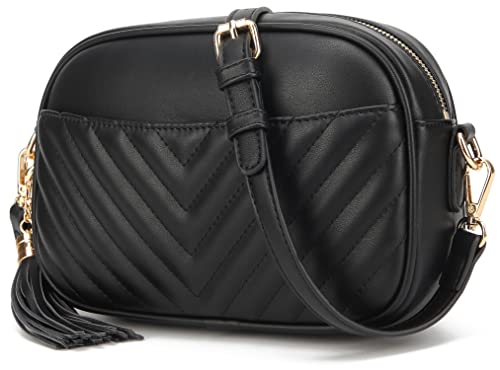 lola mae Quilted Crossbody Bag, PU Lightweight Shoulder Purse Top Zipper Tassel Accent Black Purse(Black-729)