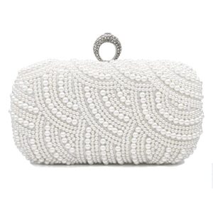 aovtero pearl clutch bag bride purse women wedding prom evening bags full beaded handbag with chain (ivory white)