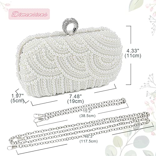 Aovtero Pearl Clutch Bag Bride Purse Women Wedding Prom Evening Bags Full Beaded Handbag with Chain (Ivory White)