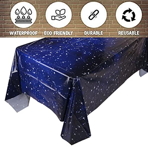 Blue Space Tablecloths for Parties, Starry Night Tablecloth Decorations Plastic Galaxy Table Cover Space Stars Theme Party Supplies for Birthday Home Decorations, 54 x 108 Inch (1 Piece)