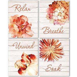 relax soak unwind breathe bathroom wood wall decor, bathroom wall art, bathroom pictures wall decor, bathroom wood decor wall art, bathroom signs, bathroom decor, bathroom decor set of 4(8x10in) unframed (orange)