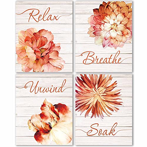 Relax Soak Unwind Breathe Bathroom Wood Wall Decor, Bathroom Wall Art, Bathroom Pictures Wall Decor, Bathroom Wood Decor Wall Art, Bathroom Signs, Bathroom Decor, Bathroom Decor Set of 4(8X10in) Unframed (Orange)