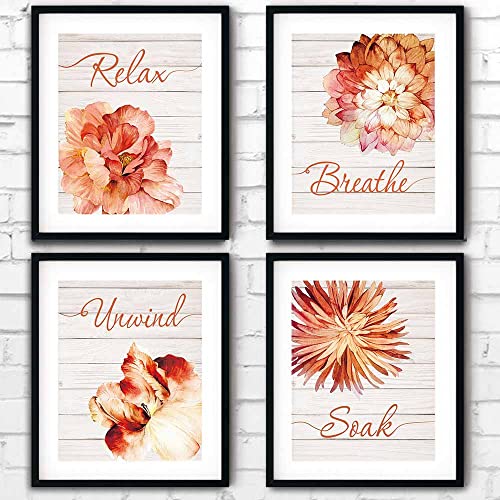 Relax Soak Unwind Breathe Bathroom Wood Wall Decor, Bathroom Wall Art, Bathroom Pictures Wall Decor, Bathroom Wood Decor Wall Art, Bathroom Signs, Bathroom Decor, Bathroom Decor Set of 4(8X10in) Unframed (Orange)