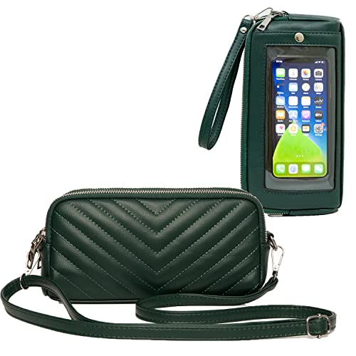 Herald Small Cell Phone Crossbody Bag for Women, Quilted Shoulder Handbag Clutch Wristlet Purse with Credit Card Slots (Green)