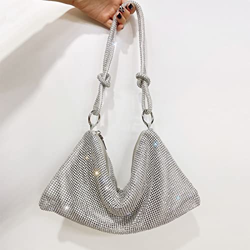 RNSUNH Rhinestone Purse for Woman Chic Dazzling Evening Handbag Sparkling Rhinestone Hobo Bag Night Purse Girls Shiny Silver Clutch Purse for Prom Party Club Wedding