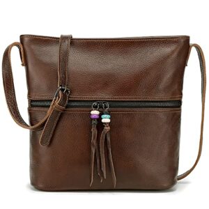 lightweight medium crossbody bag for women, soft genuine leather lady shoulder handbag hobo bag with zipper pocket (yellow brown)