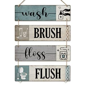 sac smarten arts bathroom wall decor rustic bathroom wall art funny bathroom wall hanging sign – wash brush floss flush – 4 pieces wood bathroom decorations for wall 13.8 x 4 inch