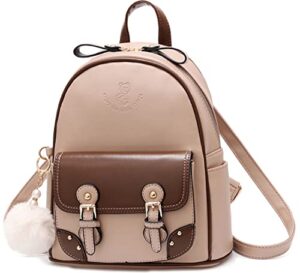 backpack for women small cute leather, mini rucksack fashion travel for teen girls, khaki, small