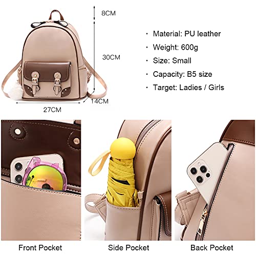 Backpack for Women Small Cute Leather, Mini Rucksack Fashion Travel for Teen Girls, khaki, Small