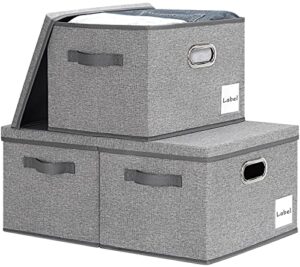 lhzk large storage bins with lids, linen fabric storage boxes with lids for organizing 15x11x9.6, storage baskets with label & 3 handles, closet storage bins for nursery home office (grey, 3-pack)