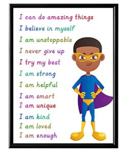 superhero motivational wall art – colorful inspirational wall decor – positive quotes for african american boys room – self affirmation gift for toddler kid children son – you are enough brave print