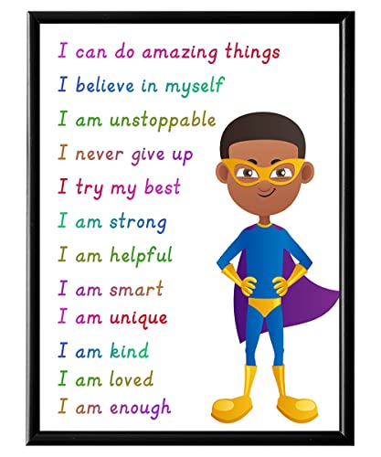 Superhero Motivational Wall Art - Colorful Inspirational Wall Decor - Positive Quotes for African American Boys Room - Self affirmation Gift for Toddler Kid Children Son - You Are Enough Brave Print