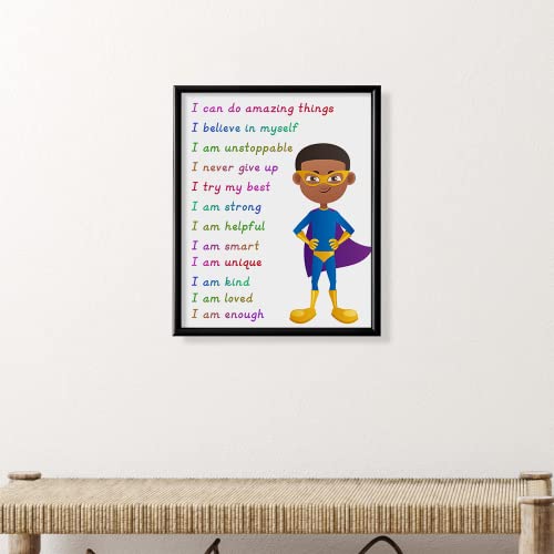 Superhero Motivational Wall Art - Colorful Inspirational Wall Decor - Positive Quotes for African American Boys Room - Self affirmation Gift for Toddler Kid Children Son - You Are Enough Brave Print