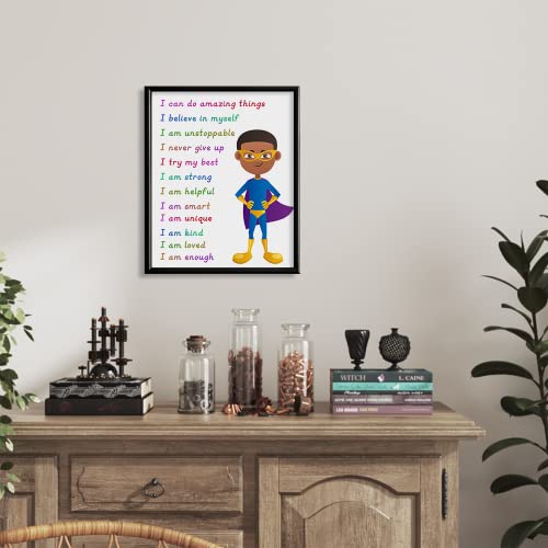 Superhero Motivational Wall Art - Colorful Inspirational Wall Decor - Positive Quotes for African American Boys Room - Self affirmation Gift for Toddler Kid Children Son - You Are Enough Brave Print