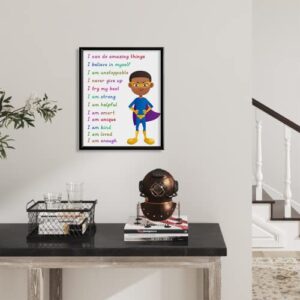 Superhero Motivational Wall Art - Colorful Inspirational Wall Decor - Positive Quotes for African American Boys Room - Self affirmation Gift for Toddler Kid Children Son - You Are Enough Brave Print