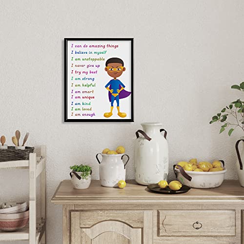 Superhero Motivational Wall Art - Colorful Inspirational Wall Decor - Positive Quotes for African American Boys Room - Self affirmation Gift for Toddler Kid Children Son - You Are Enough Brave Print