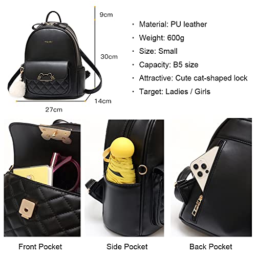 Backpack for Women Small Cute leather, Mini Rucksack Lightweight Travel for Teen Girls with Cat Shaped Lock, black, Small