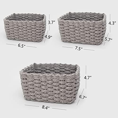 Recycled Wicker Storage Basket, Paper Rope Storage Baskets for Organizing Container Bins for Shelves Cupboards Drawer, Small Woven Basket Set of 3