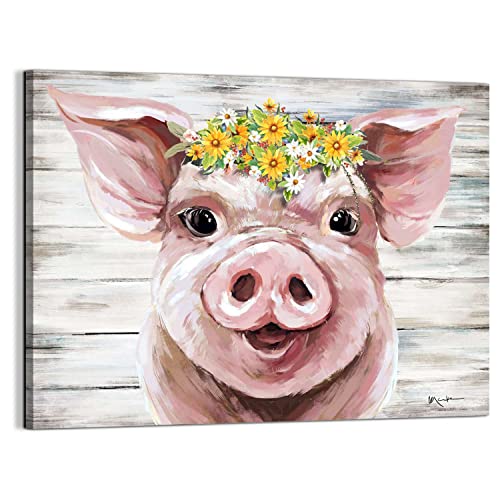 YUEYARIT Farmhouse Canvas Decor Pink Cute Pig Picture HD Print Artwork Hanging for Bedroom, Bathroom, Kids Room, Dining Room, Living Room