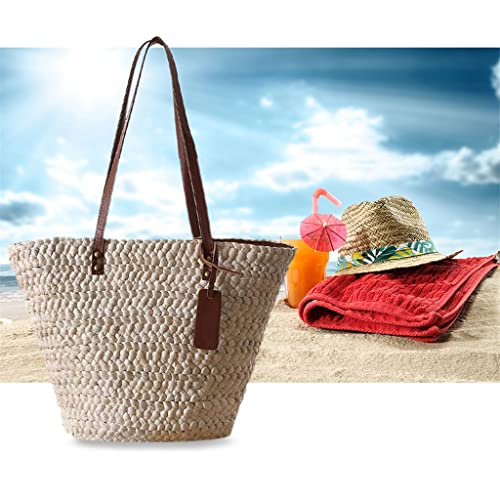 YFQHDD Summer Straw Bags Women Handmade Woven Basket Shoulder Bags Beach Travel Large Capacity Tote Bags (Color : Photo Color, Size : One Size)