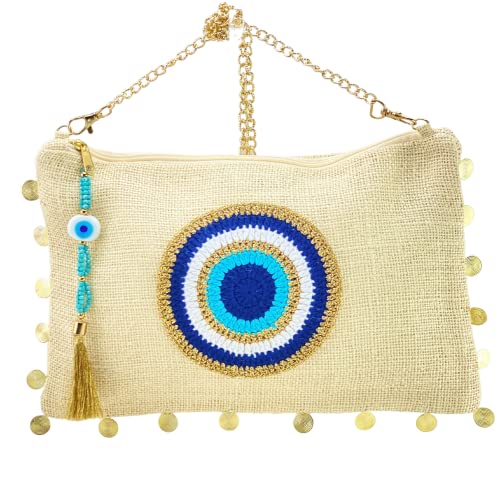 KarensLine Handmade Women Clutch Bag Jute Purse Zipper Closure Chain Strap Off-White Gold