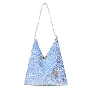 wiguyun womens mermaid sequins shoulder bag reversible sequin handbag purse sparkling tote shiny hobo bag, blue