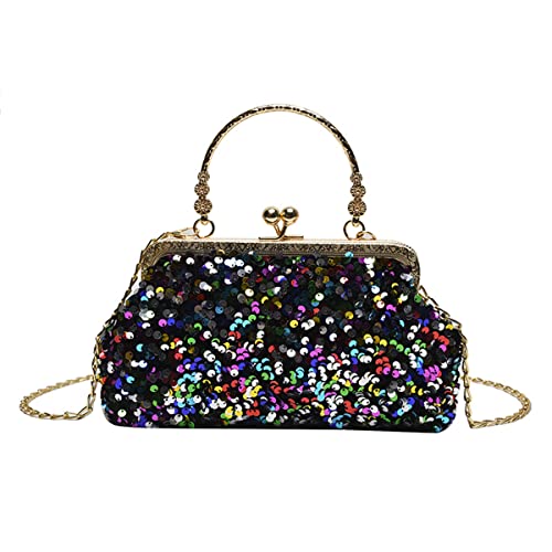 WIGUYUN Women Sequins Evening Handbag Glitter Top Handle Purse Chain Cross-body Bag Black