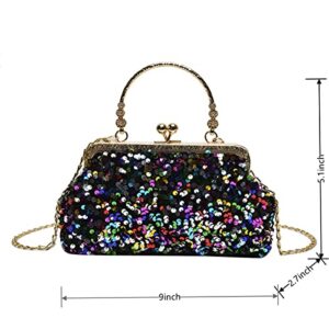 WIGUYUN Women Sequins Evening Handbag Glitter Top Handle Purse Chain Cross-body Bag Black