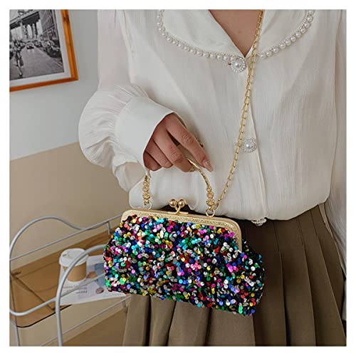 WIGUYUN Women Sequins Evening Handbag Glitter Top Handle Purse Chain Cross-body Bag Black