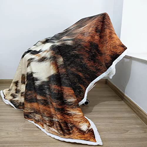 Cow Skin Print Cowhide Throw Blanket All Season Brown Black Flannal Plush Warm Animal Skin Blankets Lightweight Soft Fuzzy Throws Blanket for Bed Sofa Couch Travel 80"x60"