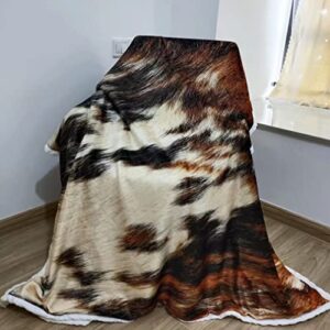 Cow Skin Print Cowhide Throw Blanket All Season Brown Black Flannal Plush Warm Animal Skin Blankets Lightweight Soft Fuzzy Throws Blanket for Bed Sofa Couch Travel 80"x60"