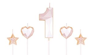 rose gold number 1 candles and star heart candles 2.76 inch number candles for birthday cakes 3d diamond shaped for cake decorations(rose gold candle 1)