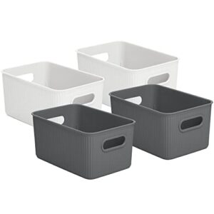 superio small decorative storage bin (4 pack)- closet, and shelf plastic storage basket organizer for home, toys, and pantry- ribbed design, 5 liter, grey and white