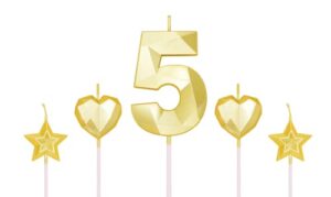 gold number 5 candles and star heart candles 2.76 inch number candles for birthday cakes 3d diamond shaped for cake decorations(gold candle 5)