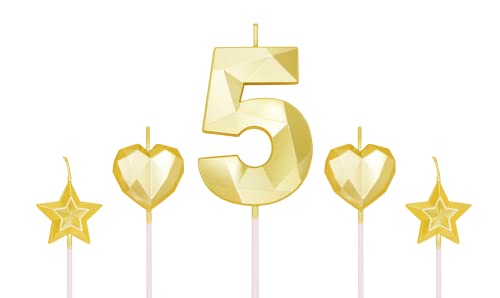 Gold Number 5 Candles and Star Heart Candles 2.76 inch Number Candles for Birthday Cakes 3D Diamond Shaped for Cake Decorations(Gold Candle 5)