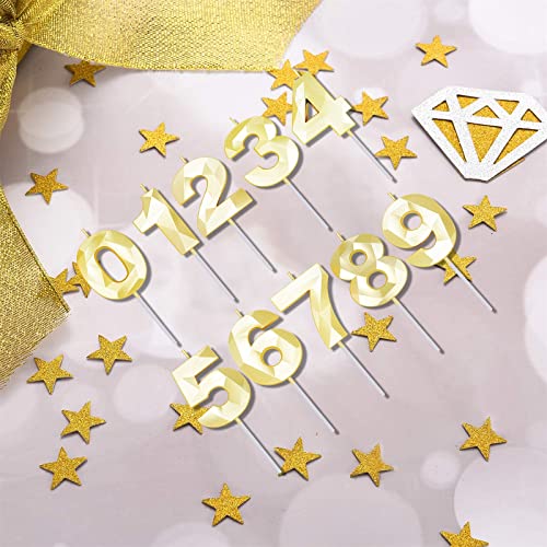 Gold Number 5 Candles and Star Heart Candles 2.76 inch Number Candles for Birthday Cakes 3D Diamond Shaped for Cake Decorations(Gold Candle 5)