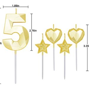 Gold Number 5 Candles and Star Heart Candles 2.76 inch Number Candles for Birthday Cakes 3D Diamond Shaped for Cake Decorations(Gold Candle 5)