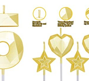 Gold Number 5 Candles and Star Heart Candles 2.76 inch Number Candles for Birthday Cakes 3D Diamond Shaped for Cake Decorations(Gold Candle 5)