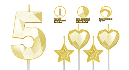 Gold Number 5 Candles and Star Heart Candles 2.76 inch Number Candles for Birthday Cakes 3D Diamond Shaped for Cake Decorations(Gold Candle 5)