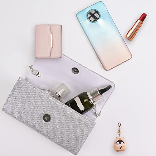 Larcenciel Clutch Purses for Women, Shiny Sequin Envelope Clutch Evening Bag w/Chain, Fashion Shoulder Crossbody Handbags, Elegant Party Prom Purse Bride Wedding Guest Clutch Dress Carry on Bag-Silver