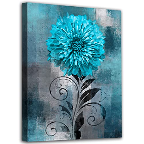 NINEASO Abstract Flowers Wall Art Teal Flower Canvas Pictures Rustic Blossom Canvas Painting for Bedroom Bathroom Wall Decor Modern Teal Grey Canvas Prints Contemporary Botanical Wall Art 12" x 16"