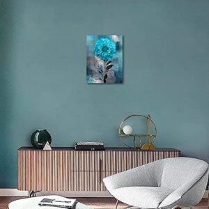 NINEASO Abstract Flowers Wall Art Teal Flower Canvas Pictures Rustic Blossom Canvas Painting for Bedroom Bathroom Wall Decor Modern Teal Grey Canvas Prints Contemporary Botanical Wall Art 12" x 16"