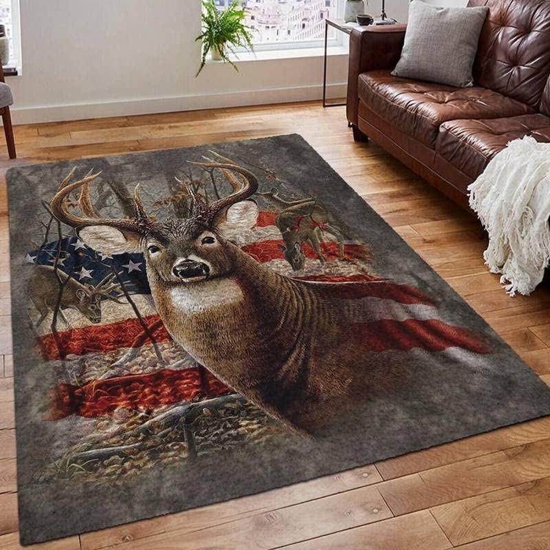 Deer Rug in Style Rustic, Super Soft Indoor Area Rug, Deer Camouflage American Flag Hunting Rug, Multi Color Modern Floor Carpet Great for Living Room Bedroom, Bath Room, Cabin Nursery Rug 03