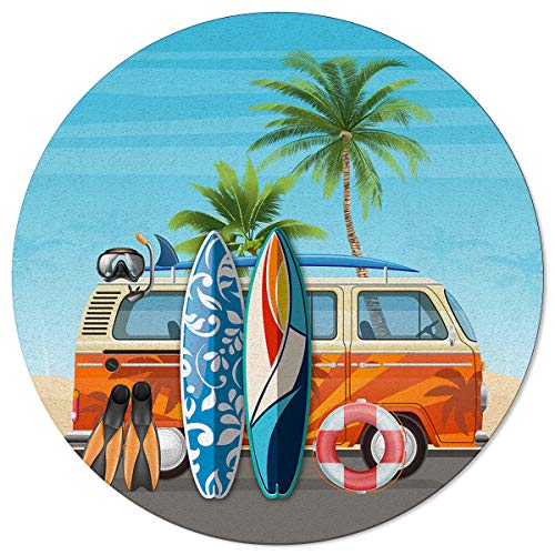 Cartoon Style Minibus and Surfboard Area Rug Carpet for Kids Teen Girls Boys Bedroom, Living Room, Washable Outdoor Indoor Accent Throw Runner Floor Mat Area+Rug 6FT(Round)