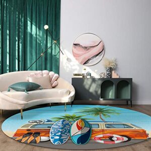 Cartoon Style Minibus and Surfboard Area Rug Carpet for Kids Teen Girls Boys Bedroom, Living Room, Washable Outdoor Indoor Accent Throw Runner Floor Mat Area+Rug 6FT(Round)