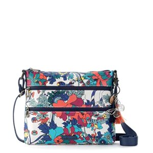 sakroots basic crossbody bag in coated canvas, multifunctional purse with adjustable strap & zipper pockets, lake flower power